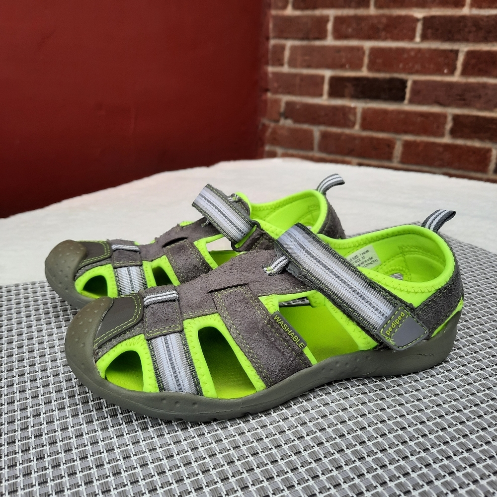 Pediped Flex Sahara Fisherman Comfort Sandals Gray Neon Travel Youth 32 / 1